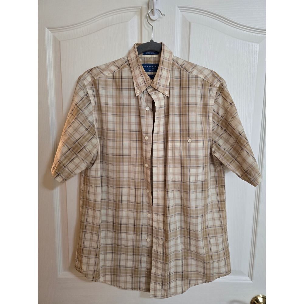 Towncraft Mens Short Sleeve Plaid Button Shirt Tan Brown WrinkleFree Small /0530